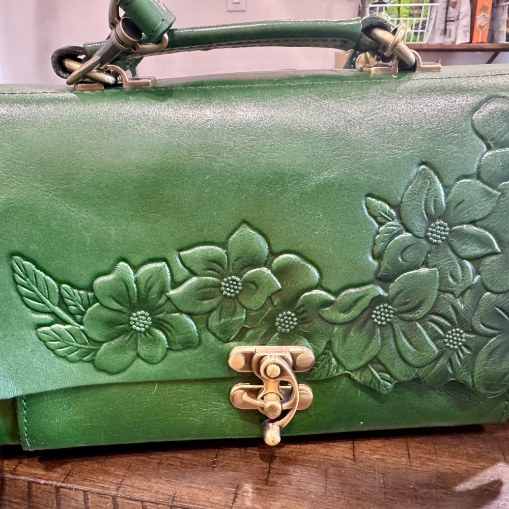 Patricia Nash Green Floral Leather Satchel